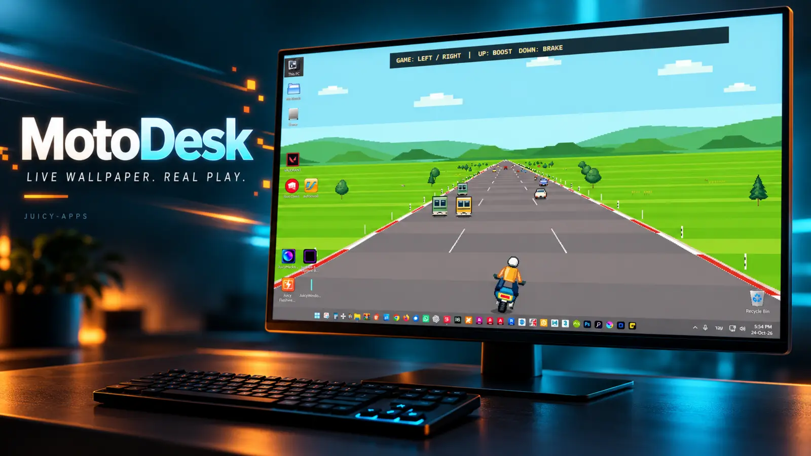 MotoDesk promotional mockup showing pixel-art motorcycle racing behind Windows desktop icons on a monitor