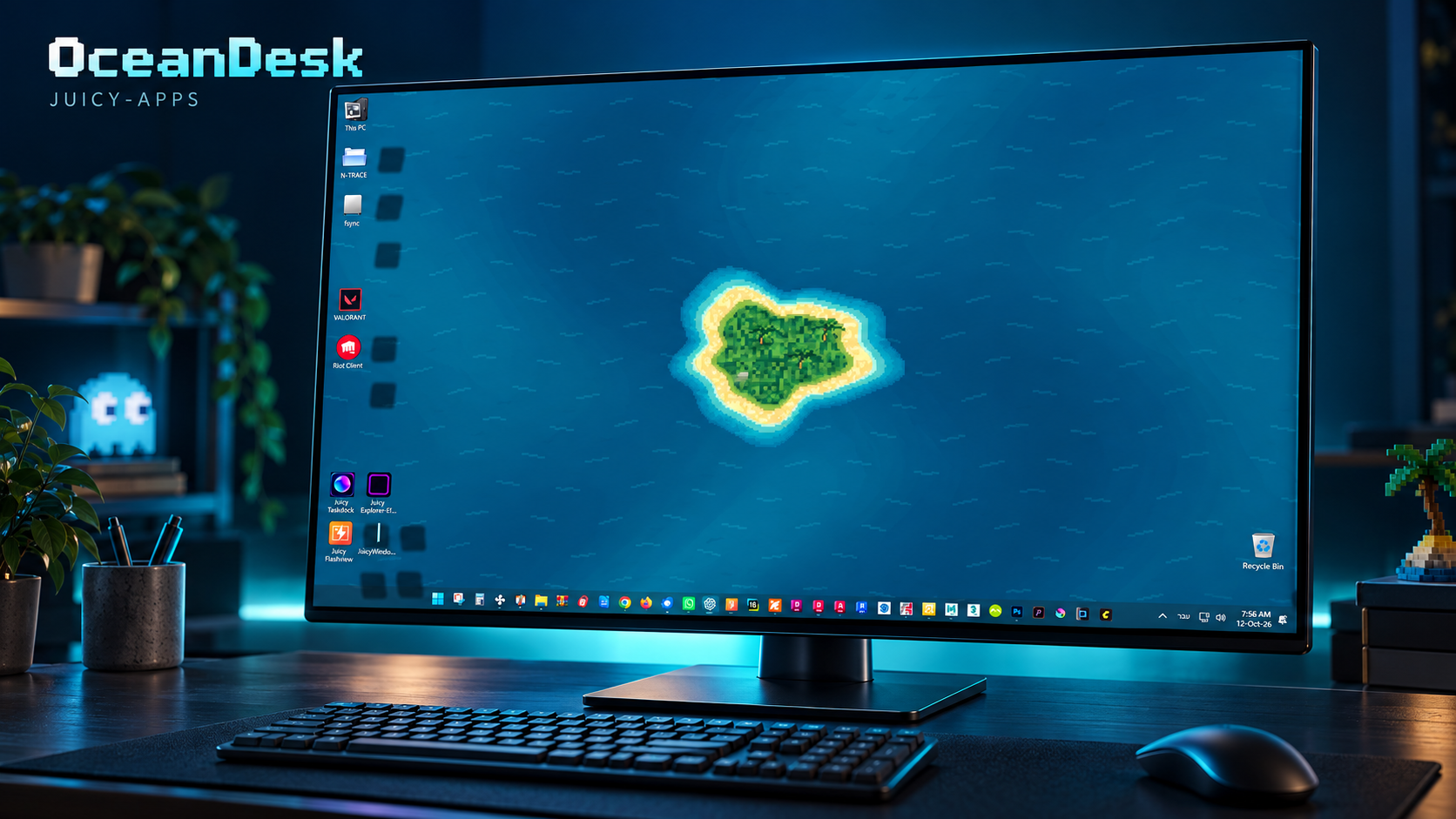 OceanDesk retro ocean wallpaper with a pixel-art island on a Windows desktop monitor